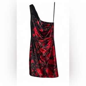 Cache Vtg One Shoulder Asymmetrical Red Black Satin Mini Cocktail Dress Size 6